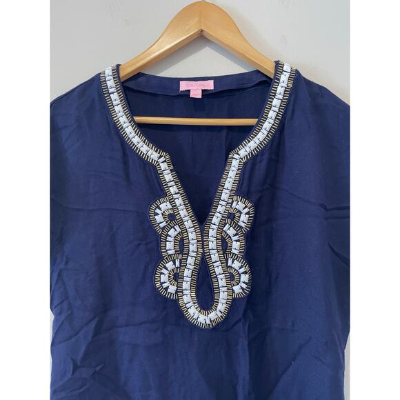 Lilly Pulitzer Women’s Valencia Beaded Cap Sleeve Too Top Navy Embellished Small - Picture 3 of 6